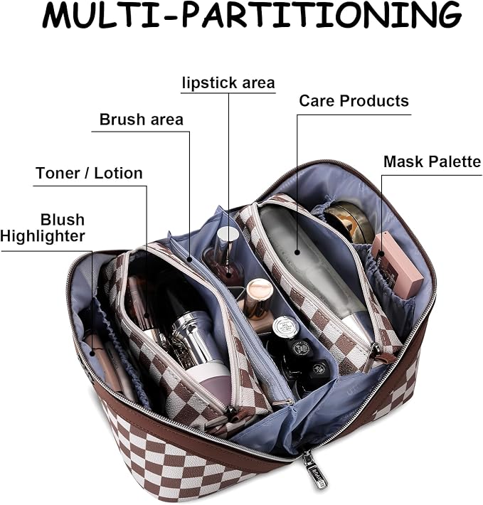 BOYATU Travel Makeup Bag Organizer Cosmetic Bag: 3 Pcs Set Make up Bags for Women with Handle - Waterproof Vegan Leather Toiletry Bag (01-G-Coffee) - Image 3