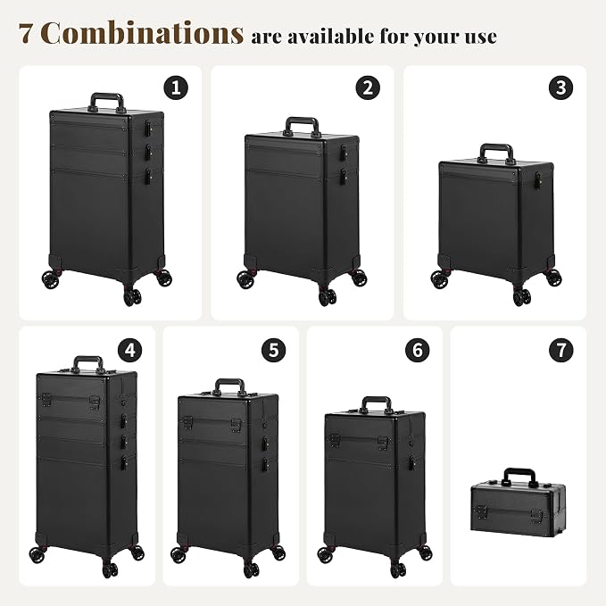 Rolling Makeup Train Case with Lid Cosmetology Case on Wheels | 5 in 1 Large Cosmetic Trolley Organizer Travel for Hairstylist Artist Nail Beauty Salon Barber Cart Trunk, Black - Image 5