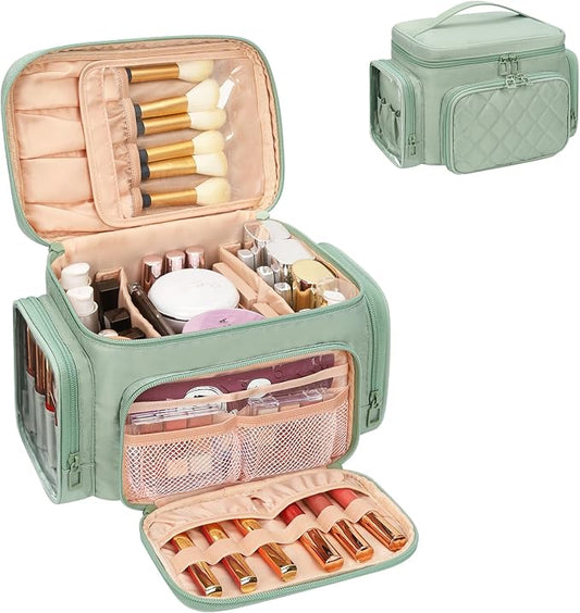Bagmoly Large Makeup Bag, Portable Travel Makeup Bag Organizer for Women Girls with Makeup Brush Compartment & Two Side Pockets, Cosmetic Travel Bag Vertical Storage Toiletry - Green by OrganizeYourMakeup