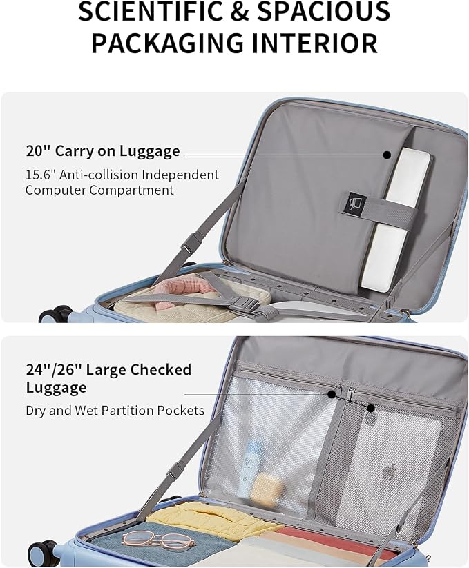 Expandable Top Open Carry On Luggage 22x14x9 Airline Approved, 20 Inch Hard Shell Carry On Suitcase with Spinner Wheels,Travel Small Luggage for Women Men,Blueberry Blue - Image 11