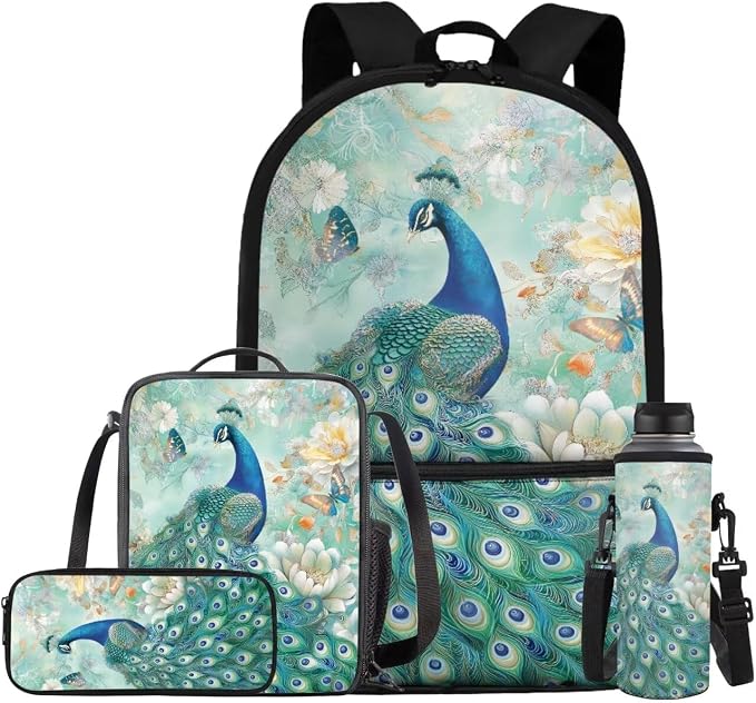 Peacock Backpack for Kids Girls Backpack with Lunch Box Water Bottle Carrier and Large Capacity Pencil Case 4PCS Set Lightweight Bookbag with Front Pocket for School 17 inch Sturdy School Bag by ELEDIZI