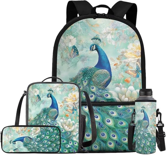 Peacock Backpack for Kids Girls Backpack with Lunch Box Water Bottle Carrier and Large Capacity Pencil Case 4PCS Set Lightweight Bookbag with Front Pocket for School 17 inch Sturdy School Bag by ELEDIZI