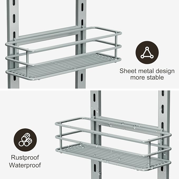 Orimade 4 Tier Adjustable Anti-slip Shower Caddy over Shower Head,Rustproof Bathroom Hanging shower Organizer with 4 Hooks for Razor,No Drilling Shower shelves Storage Rack, Light Grey - Image 5