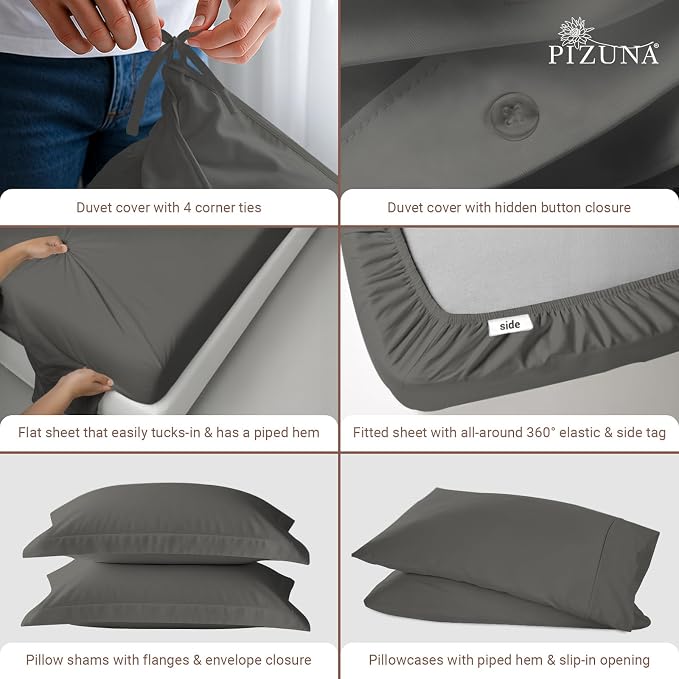 Pizuna Pure 100% Long-Staple Cotton Duvet Cover + Sheet Set Queen, Luxurious 400 Thread Count Long Staple Cotton, Soft Sateen Weave Bedding Set (Dark Grey) - Image 4