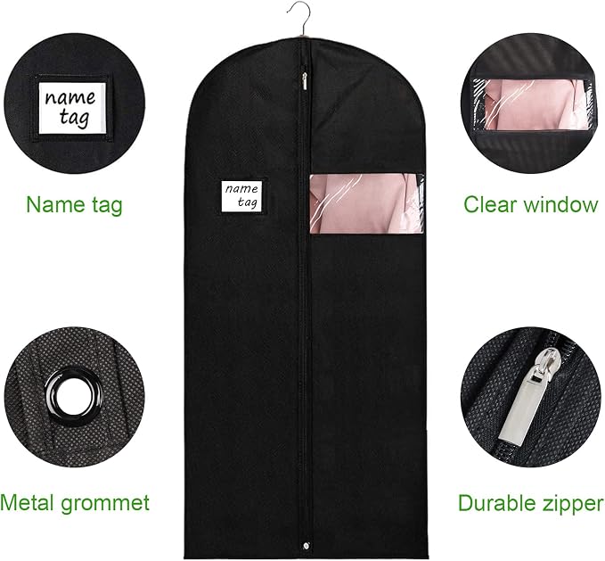 KEEGH 60 in Garment Bags for Hanging Clothes (Set of 10) Black | Transparent Window, Label Pocket, Eye-Hole for Folding, Dress Bags for Gowns, Long Dress Bag for Closet Storage - Image 3