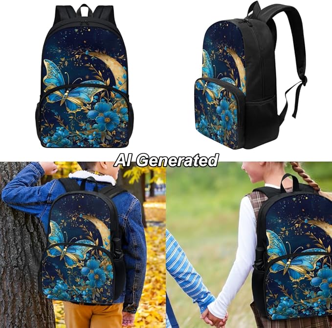 Butterfly Backpack for Girls 3Pcs Kids School Bag Set Floral Bookbag with Lunch Bag and Pencil Box Daypack Elementary Students Knapsack for Teens Girls - Image 2