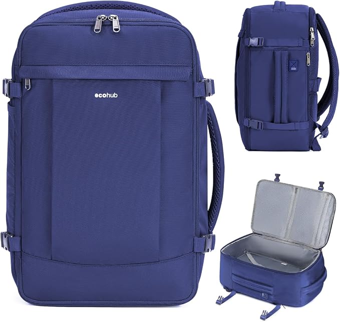 ECOHUB Travel Backpack for Men Women, Carry on Backpack with USB Charging Hole, Spirit Airlines Personal Item Bag Flight Approved, 15.6 Inch Laptop Backpack with Anti Theft Pockets, 30L, Navy Blue by ECOHUB