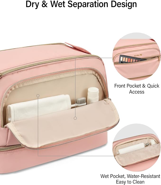 Hanke Travel Toiletry Bag, Lightweight Wide-open Makeup Bag, Dual-Layer Travel Bag for Toiletries Water-Resistant Cosmetic Bags Large Toiletry Bags for Women & Men, Travel Essentials, Pink - Image 4
