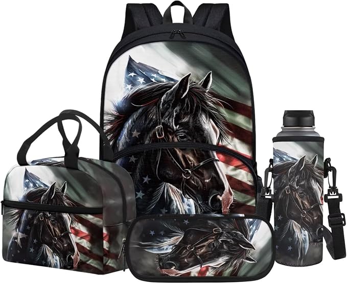 POLERO American Flag Horse Backpack with Lunch Box Teens Bookbag Schoolbag Set Kids Pencil Case Water Bottle Holder for Boys by WelcometoPOLERO