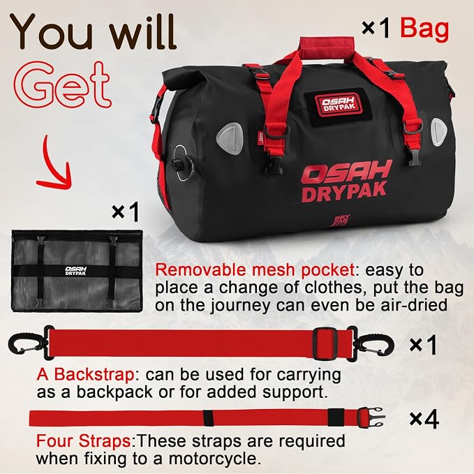 OSAH DRYPAK Waterproof Duffel Bag - Motorcycle Dry Bag Tail Bag with Large Storage Space, Waterproof Luggage Duffle Bags with Outer Mesh Zipper Pocket for Camping, Kayaking, Fishing & Traveling - Image 8