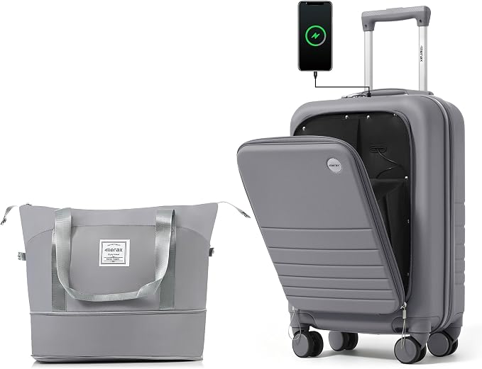20 Inch Checked Suitcase with TSA Lock Travel Duffel Bag Wet-Dry Toiletry Bag, Grey Front-Opening by Merax
