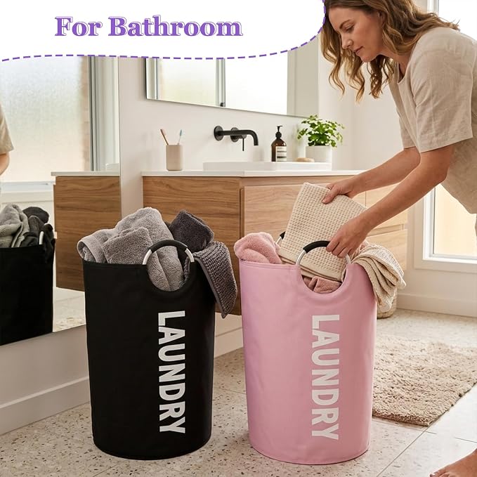 125L Laundry Hamper 2Pcs, Large Laundry Basket with Reinforced Handle, 600D Oxford Cloth Dirty Clothes Hamper, Foldable Washing Bin for Bedroom, Bathroom, Livingroom, Black + Pink - Image 8