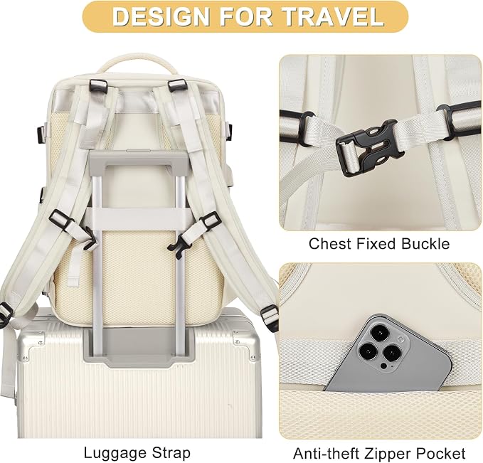 Beige Large Travel Backpack For Women Men Airline Approved Personal Item Backpack For Airlines Carry On Backpack Flight Approved Waterproof Backpack For Traveling On Airplane Weekender Travel Bag - Image 6