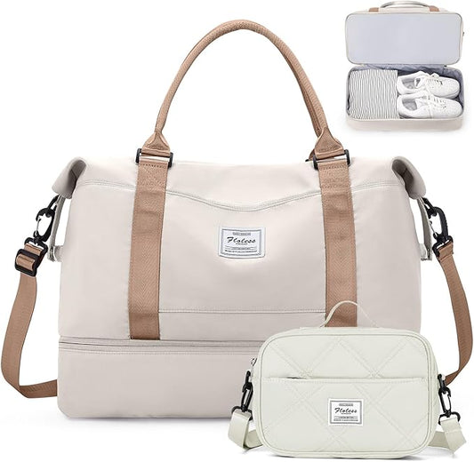 Weekender Bags for Women,Personal Item Travel Bag with Shoes Compartment,Overnight Travel Duffel Bag with Quilted Toiletry Bag,Beige&Brown by SYCNB