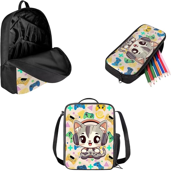 Mumeson Space Cat 17 inch Backpack Bookbags for Student 3 in 1 School Bag Set Lightweight Daypack Backpacks Insulated Thermal Lunch Bag Tote Bag Pencil Storage Pouch Pencase - Image 2