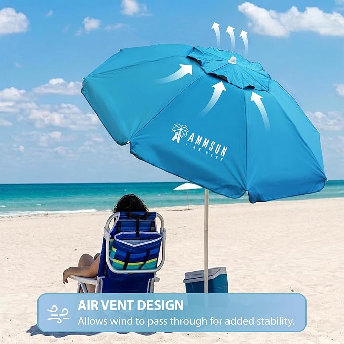 AMMSUN 6.5ft Twice Folded Portable beach umbrella with Sand Anchor Windproof Tilt Pole Air vent UPF 50+ Protection Fits in a large Suitcase Compact For Travel Patio Garden Pool Backyard Sky Blue - Image 5