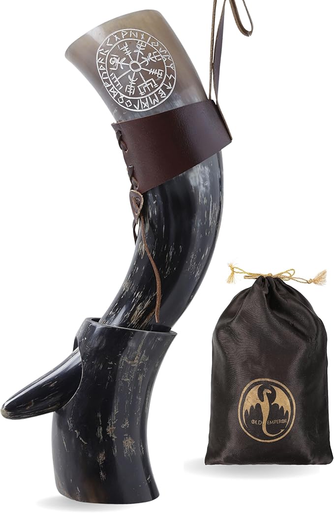 OLDEMPEROR Viking Drinking Horn - 12 Inch with Viking Compass Engraved & Leather Holster | Handmade Beer Cup | Food Grade | Unique Genuine Ox Horn| Natural Shine Finish| Viking Gift for Men & Women