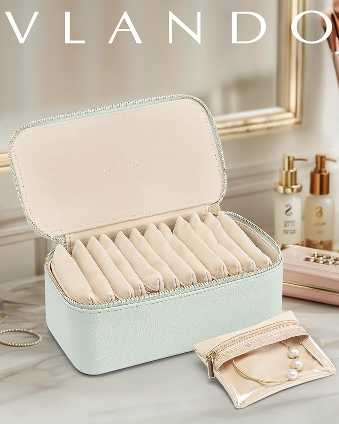 VLANDO Jewelry Organizer with 12 Velvet Jewelry Bags Travel Jewelry Case for Girls Premium Petal Hardware Jewelry Box Necklace Rings Earrings Bags Birthday Holidays Gifts for Self-Mint Green - Image 5