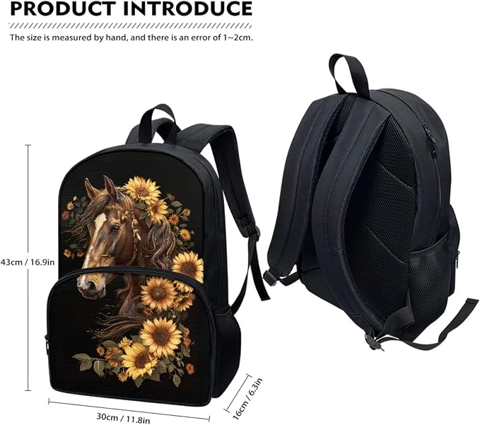 Sunflower Horse Backpack for School Girls 10-12 12-14 Middle School Bag Set with Lunch Box Pencil Case 3 Pcs Elementary High Bookbag Back Pack Purse 17 inch, Horse Pattern - Image 2