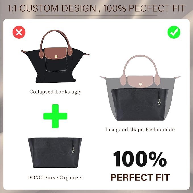 Doxo Purse Organizer Insert for Longchamp Le Pliage Medium, 6-Compartment Bag Organizer with YKK Zipper Pocket, Cup Holder, Key Chain, Waterproof DupontPaper Lightweight Handbag Shaper (Black,M) - Image 3
