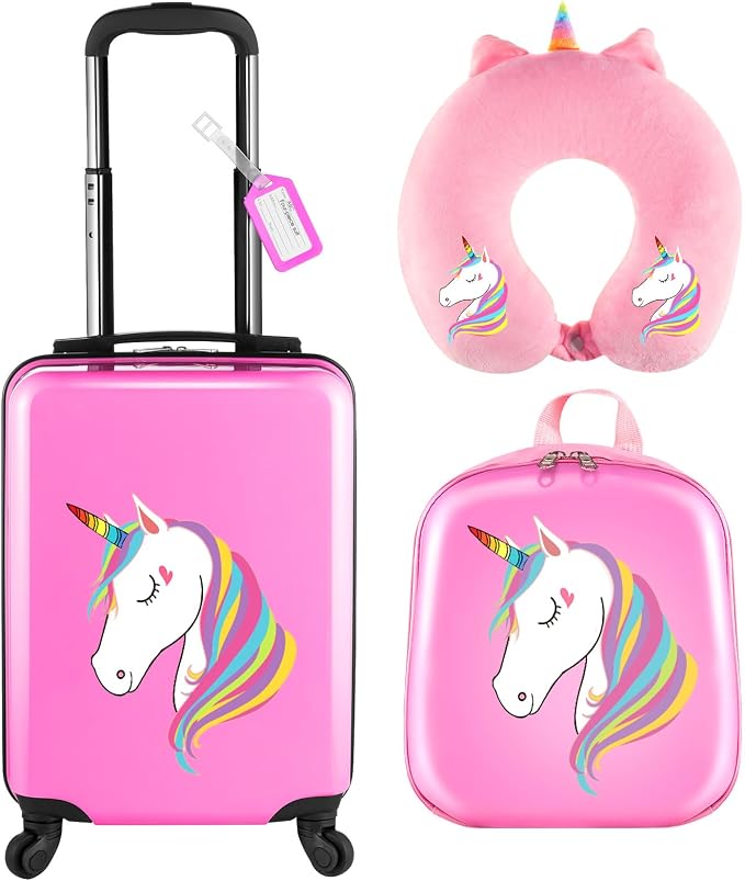 Sanwuta 4 Pcs Kids Luggage Set Back to School Gifts for Girls Boys Carry On Rolling Suitcase Backpack Neck Pillow Travel Set(17 Inch,Unicorn Style,Pink) by Sanwuta