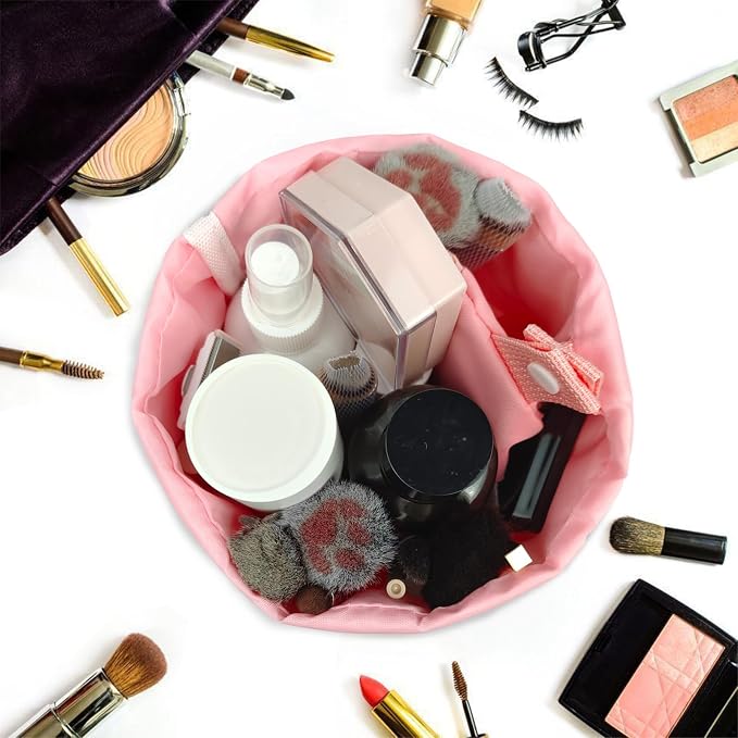 INVODA Drawstring Makeup Bag for Women Cosmetic Bag Large Travel Make up Bags Portable Barrel Toiletry Bag Toiletries Pouch Travel Cosmetic Organizer (Pink) - Image 5