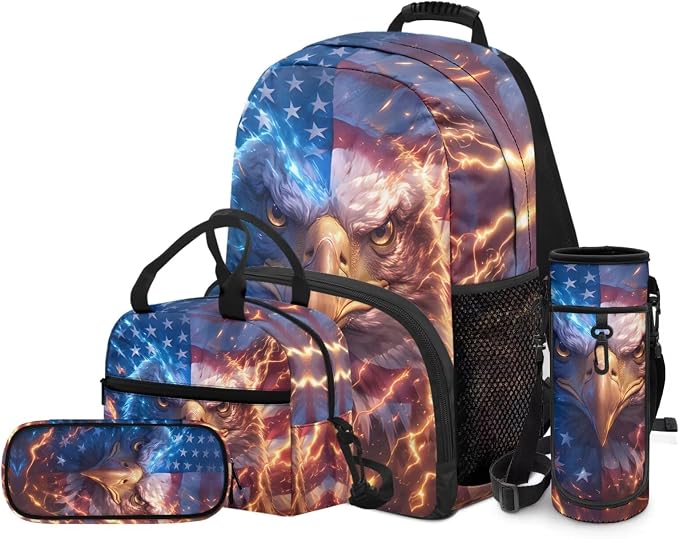American Flag Eagle Backpack for Boys Kid's School Bag Bookbag with Insulated Lunch Bag and Pen Bag Pencil Case Water Bottle Holder Sling Bag Set - Image 2
