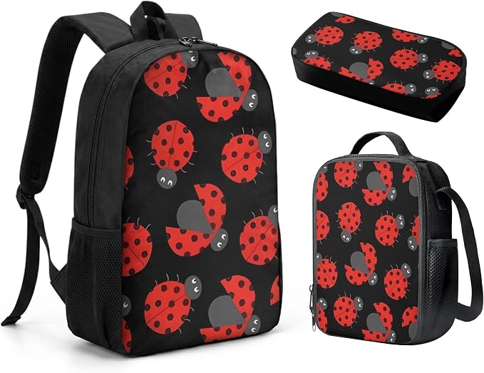 Forchrinse Red Ladybug Backpack for Kids Children Student Bookbag Set with Lunch Box Bag and Pencil Bag for Kids Toddler Girls,3 Pieces - Image 2