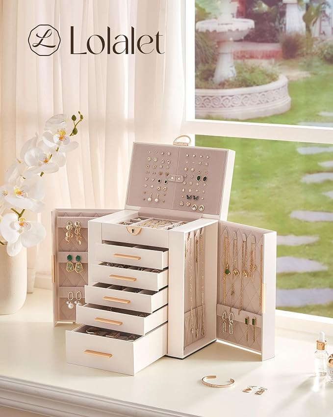 Lolalet Large Jewelry Box Organizer for Women, 6-Layer Jewelry Organizers and Storage Case with Mirror & 5 Drawers, Lockable Watch Ring Earring Bracelet Necklace Holder Girls Gift -6Layer, Beige - Image 5