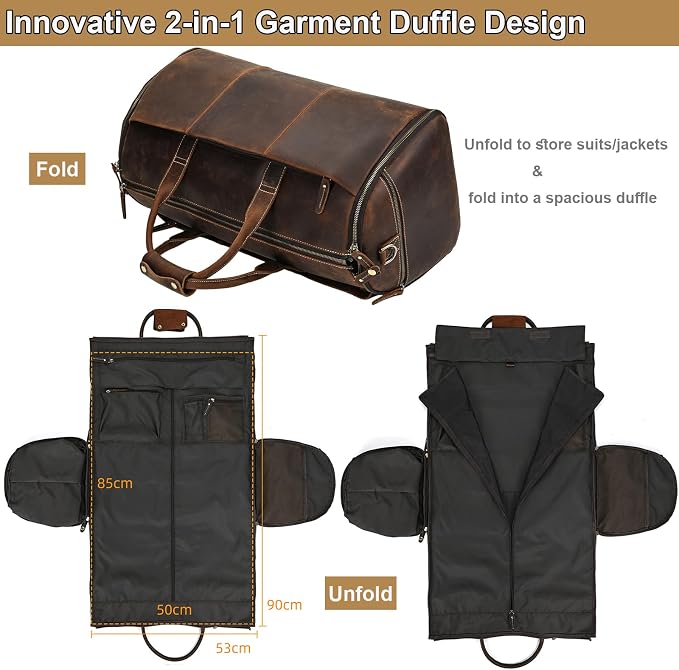 Full Grain Genuine Leather 2-in-1 Garment Dufflel Bag for Men Foldable Suit Carrier with Independent Shoe Compartment, Large Capacity Weekender Overnight Travel Bag for Business Trips, Coffee - Image 4