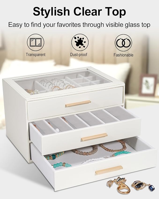 GUOER Jewelry Box for Women, Glass Lid Jewelry Organizer with 3 Drawers PU Jewelry Storage Case for Necklaces Rings Earrings Bracelets (Pink) - Image 5