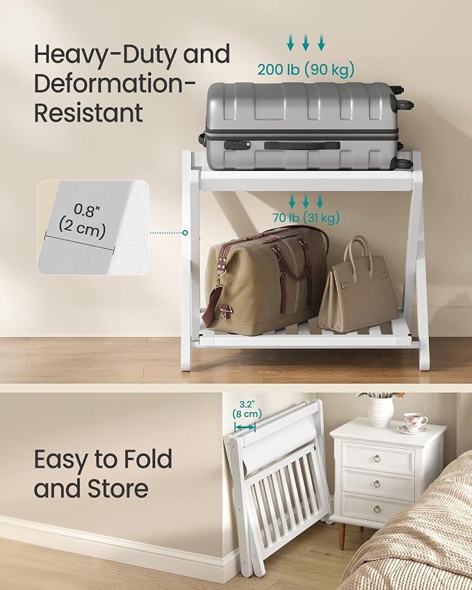 SONGMICS Bamboo Luggage Rack, Foldable Suitcase Stand, Luggage Holder with Storage Shelf, Synthetic Leather, Fully Assembled, Wipe-Clean, for Guest Room, Hotel, Bedroom, Cloud White URLR030WZ01 - Image 6