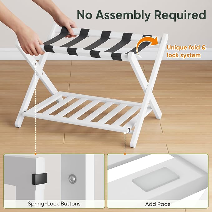 Smart FENDEE 2 Packs Fully Assembled Luggage Racks with Shoe Shelf, Suitcase Stand with Fold & Lock System, Bamboo Luggage Stand Ideal for Guest Room, Bedroom, Hotel, White - Image 4