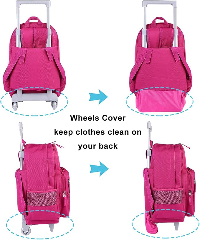 Tilami Rolling Backpack 18 inch Double Handle with Lunch Bag Wheeled Kids Backpack, Deep Pink - Image 4
