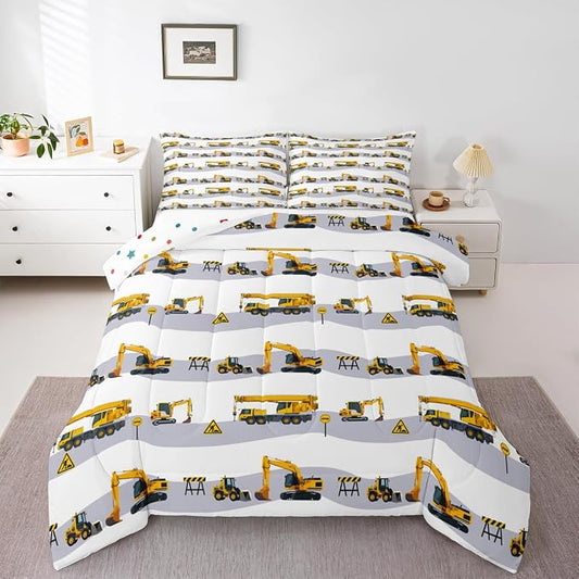 Construction Excavator Comforter Set for Boys, Kids Tractor Truck Down Comforter Queen, Machinery Crane Mixer Bedding Set for Girls Teen Bedroom Cartoon Vehicle Duvet Sets with 2 Pillow Cases by Erosebridal