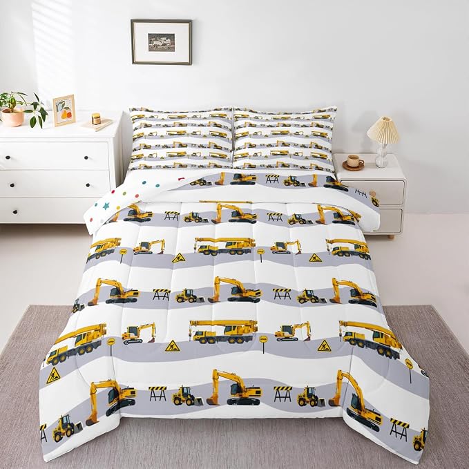 Construction Excavator Comforter Set for Boys, Kids Tractor Truck Down Comforter Full, Machinery Crane Mixer Bedding Set for Girls Teen Bedroom Cartoon Vehicle Duvet Sets with 2 Pillow Cases by Erosebridal