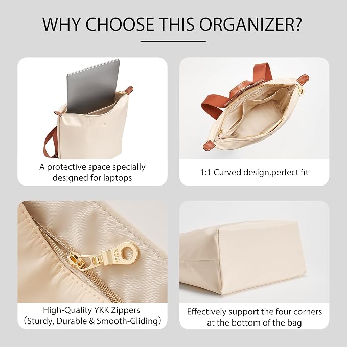 Soft Nylon Purse Organizer Insert for Longchamp Le Pliage M Backpack,Waterproof Lightweight with Laptop Compartment Long Champ Medium Backpack,Upgrade Taller Bag Insert with Cup Holder, Beige - Image 6