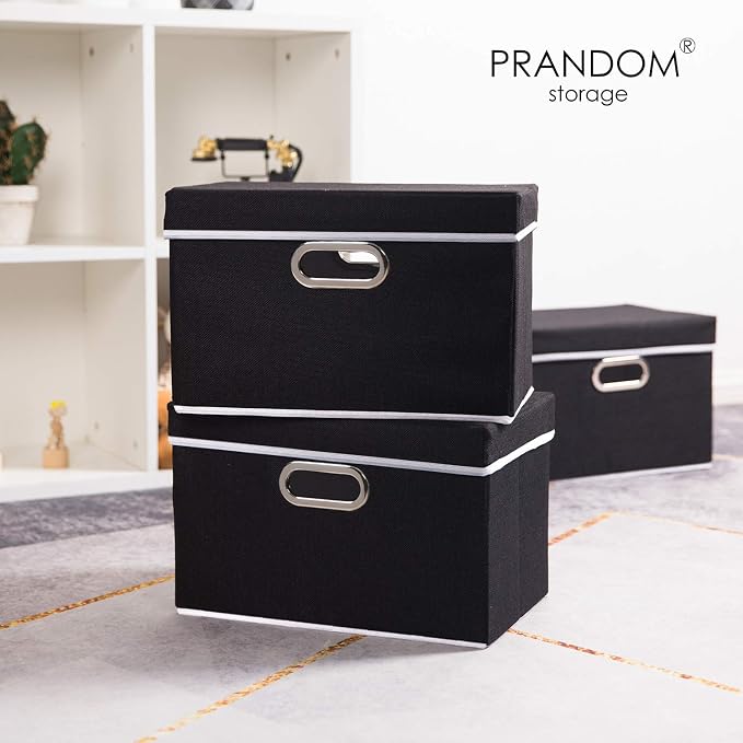 PRANDOM Foldable Storage Bin with Lid [5-Pack] Linen Fabric Decorative Storage Box Organizer Container Basket Cube with Handles Divider for Closet Office Living Room Black(14.9x9.8x9.8) - Image 2