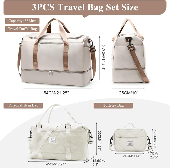 Extra Large Travel Duffle Bag,Carry on Overnight Bag with Shoes Compartment,Weekender Bags for Women for Travel Business Trips Sport Hospital,3 Pcs Set,Beige & Brown - Image 4