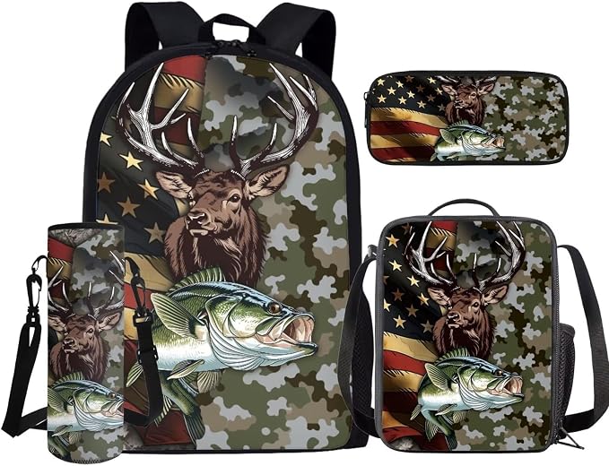 GIFTPUZZ Deer Fish American Flag Backpack 17 Inch Set Boys | Camo 4-Piece Lunchbox Combo, Water Bottle Sleeve, Elementary School Book Bags, Ages 8-10 - Image 2