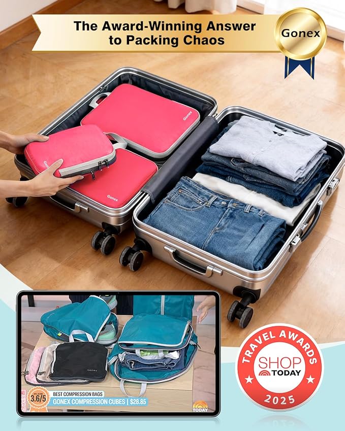 Gonex Compression Packing Cubes, 4pcs Expandable Storage Travel Luggage Bags Organizers (Bright Pink) - Image 2