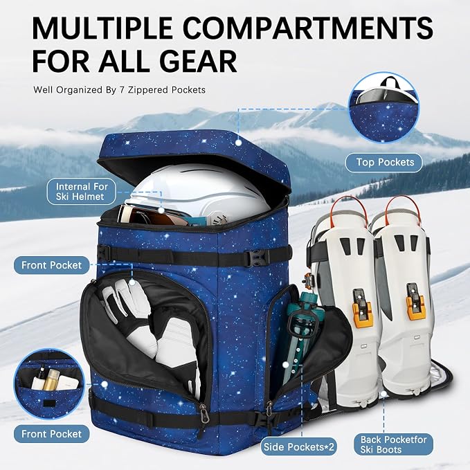 65L Waterproof Ski Boot Bag, Heavy Duty Snowboard Backpack for Helmet Goggles Gear, Air Travel Winter Sports Bag - Image 3