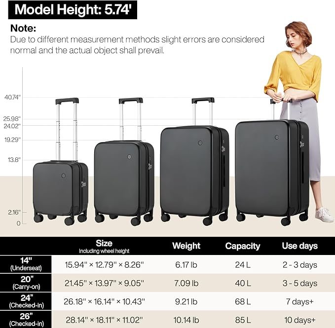 mixi Upgrade Carry on Luggage Suitcases with Spinner Wheels, Hardside Rolling Suitcase PC with TSA Lock Lightweight Travel Case 20in Carry-On, Fine Grid Black - Image 6