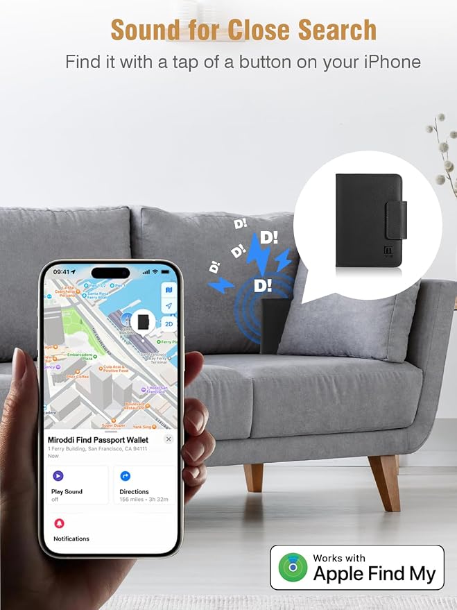 Miroddi Passport Holder for Travel, Works with Find My, Leather Passport Wallet for Travel Essentials, Passport Cover Case for Men and Women with Finder Tracker, 8 Card Slots, RFID Blocking, Black - Image 2