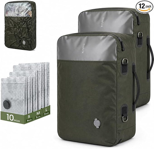 2026 Upgraded Vacuum Compression Bags for Travel - 10+2 Pack 48L Large Recycled TPU w/Windows & 10 Clear for Suitcase, Home | Reusable Travel Vacuum Bags with Pump IP67 Waterproof Kit, Green by Unknown