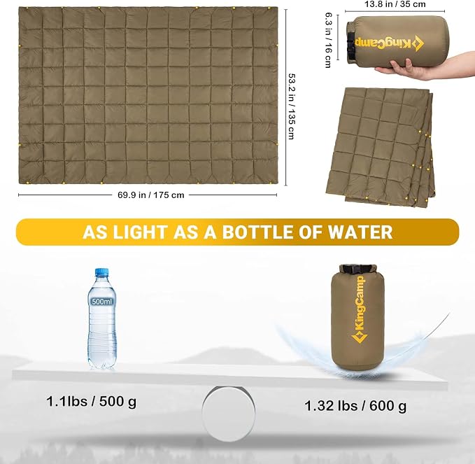 KingCamp Ultralight Camping Blanket, Packable Down Alternative Puffy Wearable Blankets Weatherproof Warm Package Quilt with Snap Buttons for Outdoor Hiking Travel Picnic Stadium (69" L x 53", Olive) - Image 2