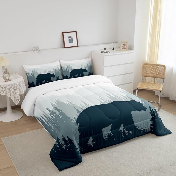 Woodland Comforter Set for Kids Boys Girls Teens,Bear Wild Animal Silhouette Bedding Set Twin Size,Natural Tree Down Comforter Home Room Decor,Misty Mountain Quilted Duvet Warm with 1 Pillow Sham - Image 2