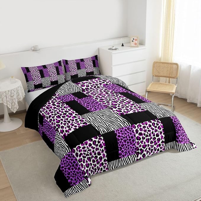 Erosebridal Patchwork Purple Cheetah Print Comforter Set Black White Zebra Bedding Set Queen for Teen Girls Women,Leopard Comforter Wild Animal Bedding Quilt with 2 Pillowcases Home Room Decor - Image 3