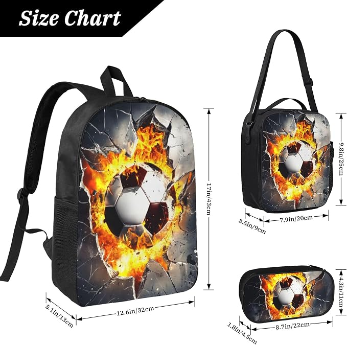 Soccer Kid Backpack Set with Lunch Bag & Pencil Case Large Capacity School Bag 17 Inch Bookbag for Boy Girl - Image 3