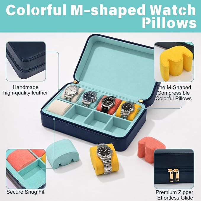8-Slot Leather Watch Travel Case Organizer for Men, Pool Party Blue | Multiple Watch Capacity,Premium Hexagon Leather,Velvet M-Shaped Cushions,Secure Snap Closure,Storage Organizer - Image 5
